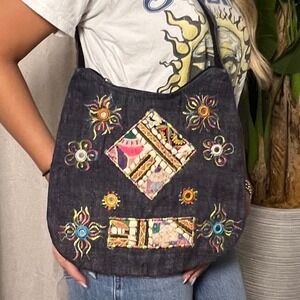 HEMP SISTERS Hemp and Corduroy Charcoal Boho Bag. mirror and patchwork